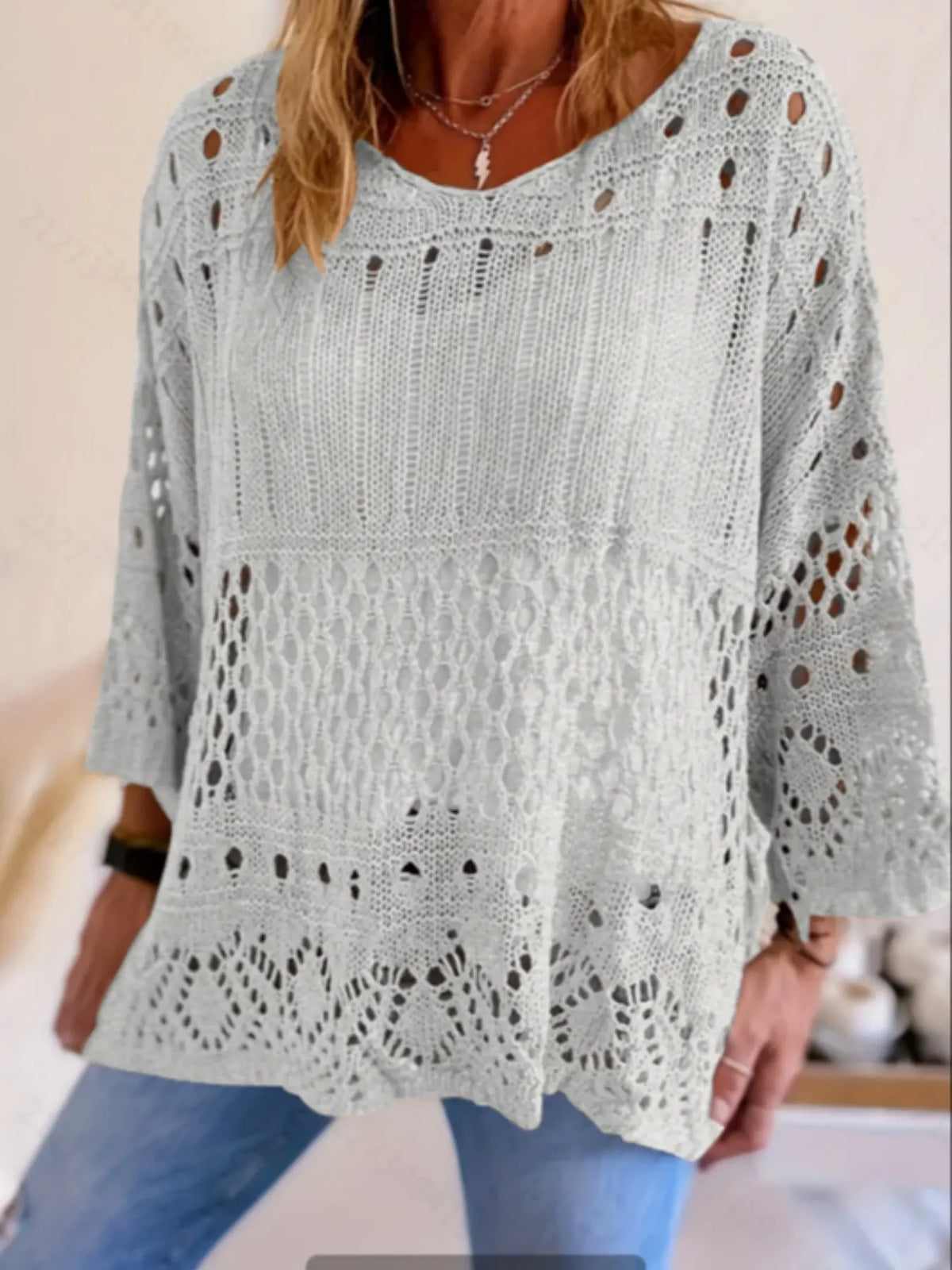 Plus Size Women's Summer Hollow Out Round Neck Knit Top, Oversized, Casual Elegant Vacation Style, Loose Oversize Batwing Shoulder, Spring Summer Wear, Sweater Knitwear