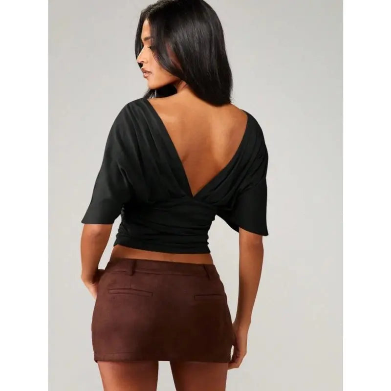 Women's Sexy Deep V-Neck Batwing Sleeve Crop Top Ruched Cinched Waist Short Blouse Fashion Y2K Casual Spring Summer Going Out Clubwear Dolman Shirts Elegant Pleated Slim Fit Tops for Women Trendy Streetwear Party Holiday Wardrobe Essential