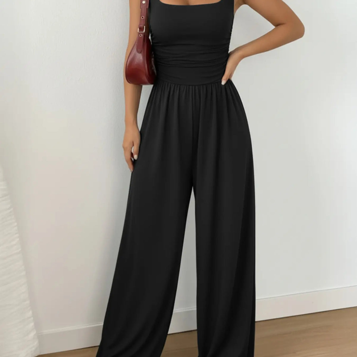 Women's Casual Fit Knitted Solid Square-Neck Jumpsuit, Basic, Fashionable, Comfortable and Versatile Wide-Leg Jumpsuit, Everyday Womenswear, Fit Jumpsuits