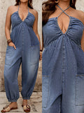 Plus Size Halter Neck Denim Romper, Sleeveless, Casual Elastic Waist with Pockets, Essential Travel Wear, Comfortable, Stylish and Aesthetic, Overalls