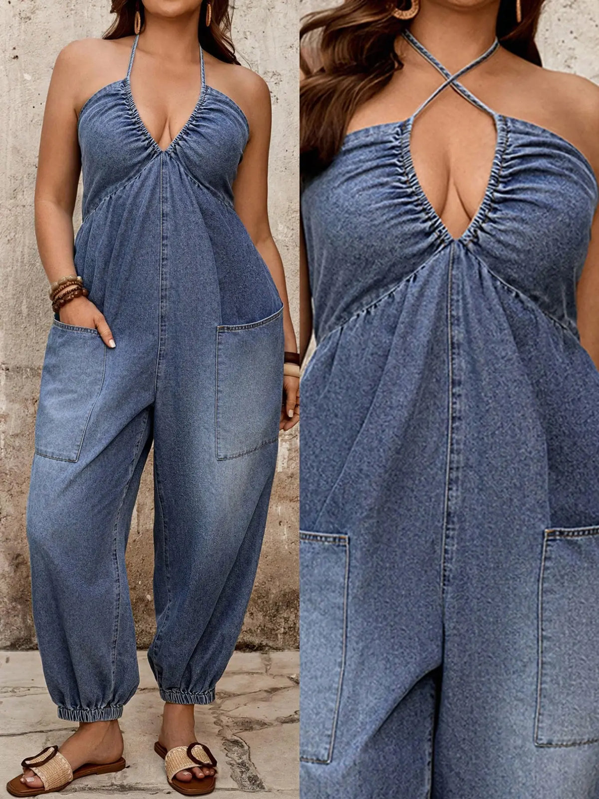 Plus Size Halter Neck Denim Romper, Sleeveless, Casual Elastic Waist with Pockets, Essential Travel Wear, Comfortable, Stylish and Aesthetic, Overalls
