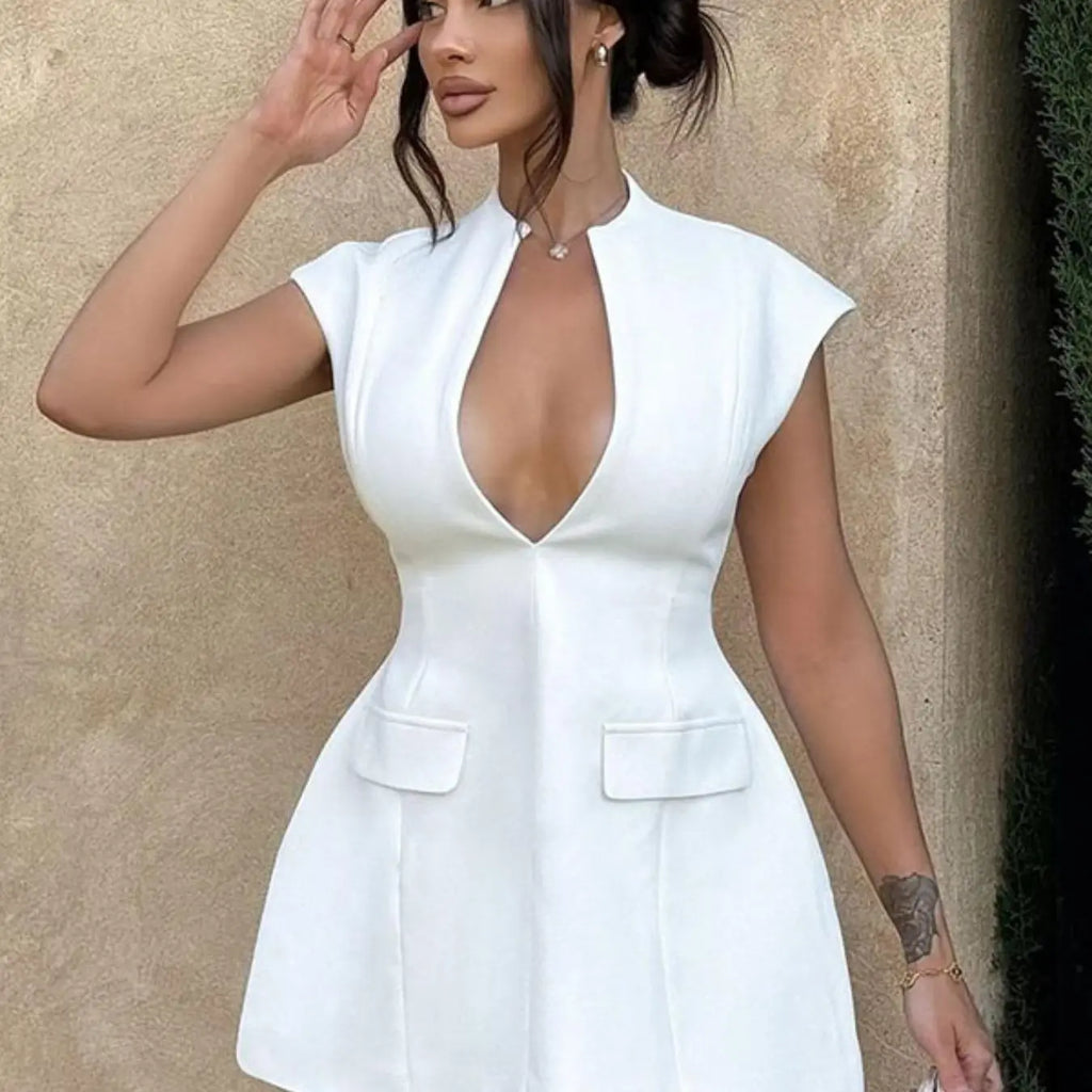 Women's Solid Deep V-Neck A-Line Short Dress, Chic Elegant Fitted, Elegant Minimalist Cap Sleeve Zipper Dress, for Daily, Party & Dating Wear