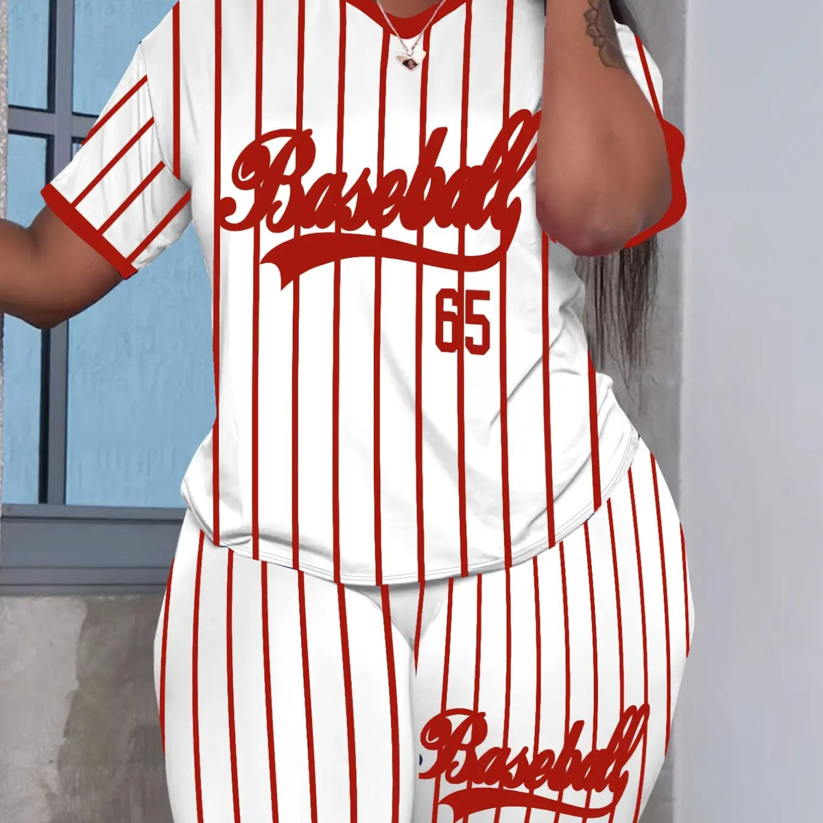 Women's Casual Stripe Print V Neck Two-Piece Set, Baseball Style Fitted Regular Length Tops & Shorts Set, Medium-Weight Fabric, Stretchy Summer Outfit