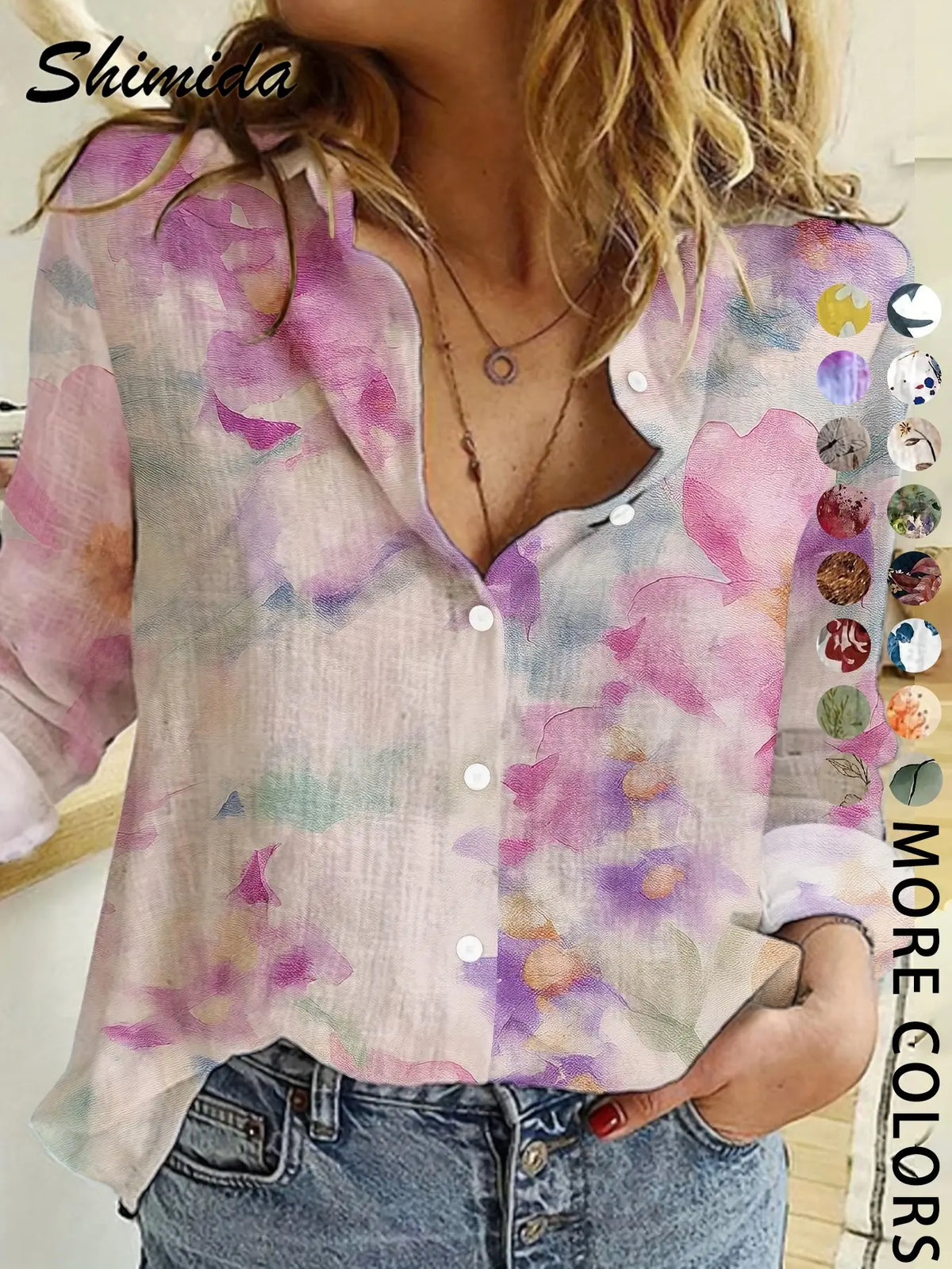 Women's Four-Season Button-Up Shirt, Digital Floral Print Long Sleeve Basic Blouse, Casual Vacation Lapel Boho Cottagecore Blouse, Soft Tops for Casual Daily Wear, Boho Style Shirt