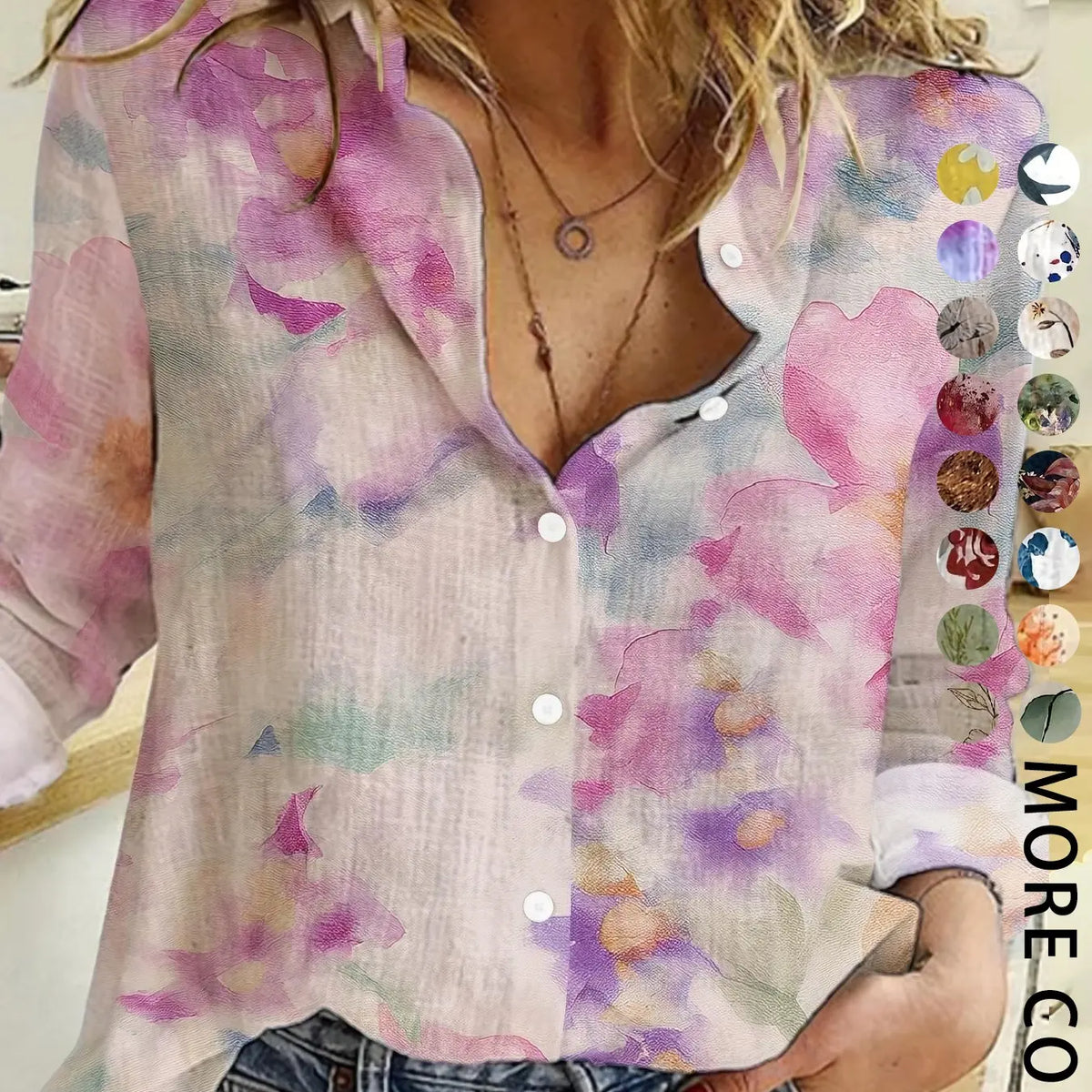 Women's Four-Season Button-Up Shirt, Digital Floral Print Long Sleeve Basic Blouse, Casual Vacation Lapel Boho Cottagecore Blouse, Soft Tops for Casual Daily Wear, Boho Style Shirt