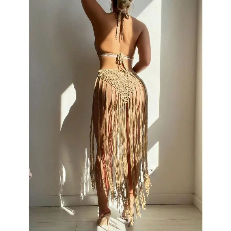[Bohemian Fringe Lace Dress] Women's Boho Clothes Lace Fabric Sleeveless Semi-Sheer Flowing Skirt Beach Resort-Ready Outfit, All-Season Casual to Semi-Formal Protective Gear, Hand-Wash Simple (Dry Clean Option)
