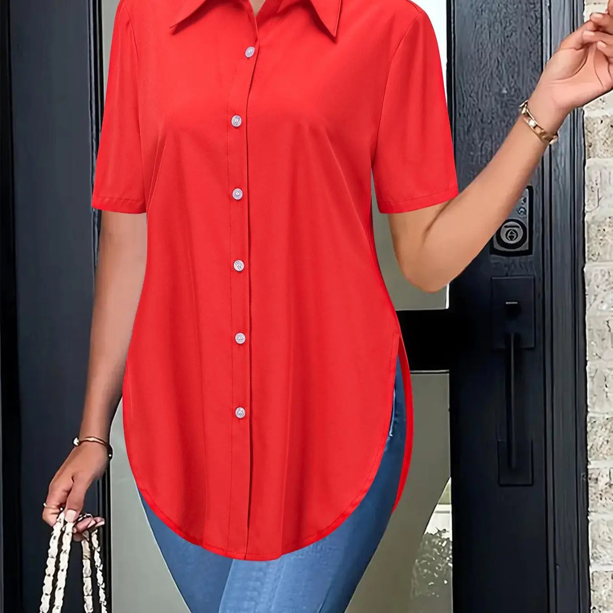 Women's Plain Curved Hem Minimalist Basic Fitted Button Shirt Blouses, Collared Top Blouse, Casual Short Sleeve Button Down Top for Summer, Ladies Clothes for Everyday Wear Womenswear