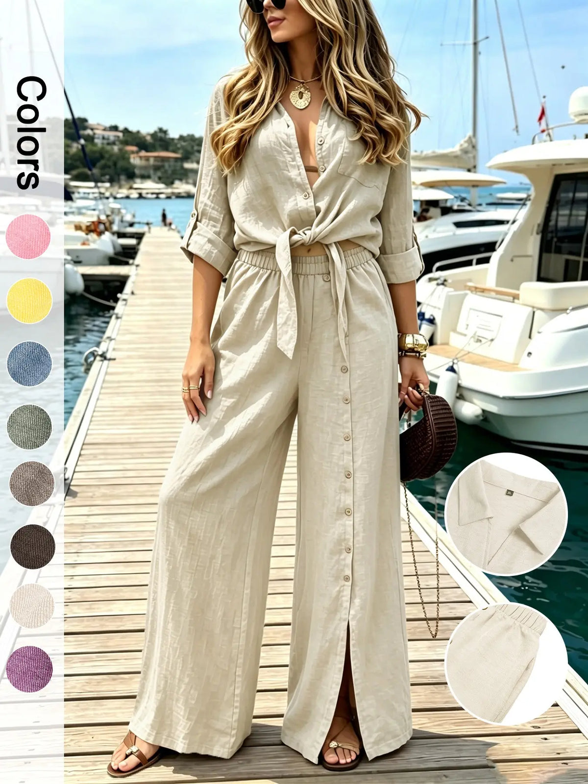 Women's Two-Piece Vacation Style Shirt and Pants Set, Knot Top with Button Decoration, Wide-Leg Pants, Casual Womenswear Clothes