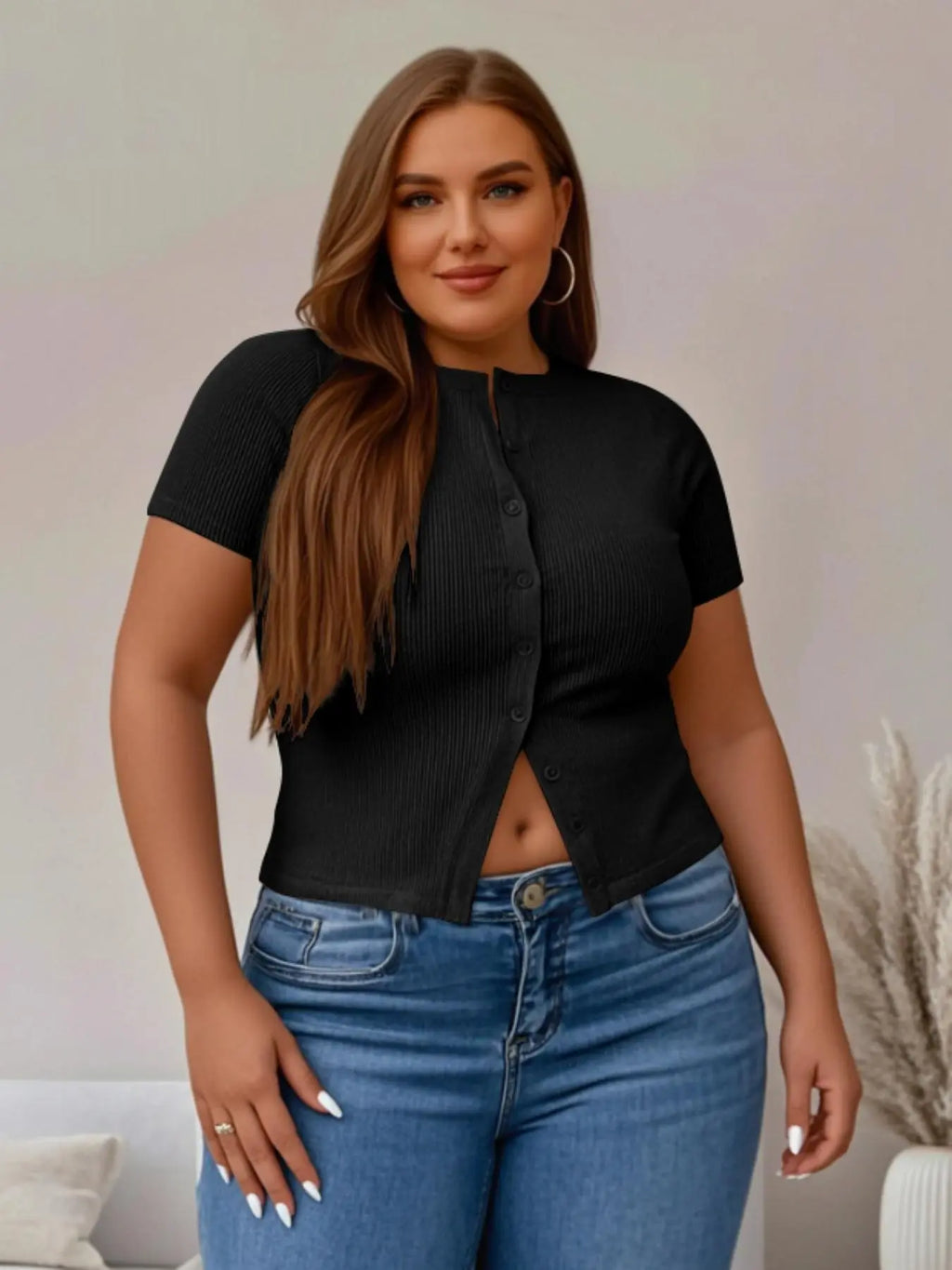 Plus Size Fitted Basic Solid Ribbed Short Sleeve Round Neck Top, Casual Button Front Button Down Closure Top for Summer, Women's Clothing for Daily Wear