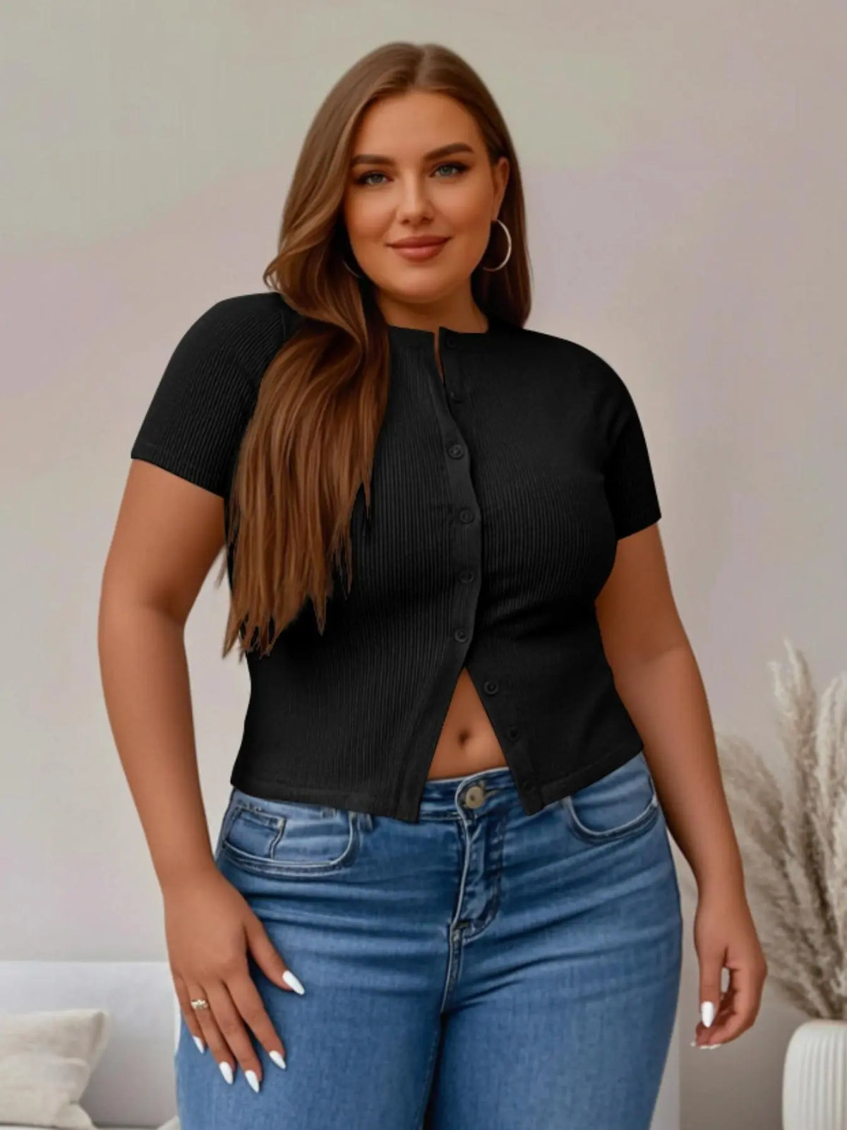 Plus Size Fitted Basic Solid Ribbed Short Sleeve Round Neck Top, Casual Button Front Button Down Closure Top for Summer, Women's Clothing for Daily Wear