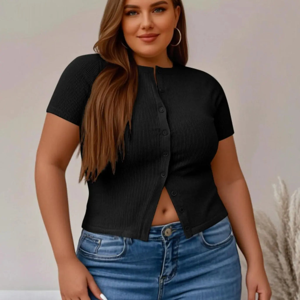 Plus Size Fitted Basic Solid Ribbed Short Sleeve Round Neck Top, Casual Button Front Button Down Closure Top for Summer, Women's Clothing for Daily Wear