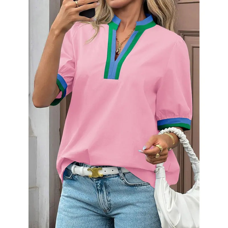 TANKANEO Women's Elegant Chic V-Neck Puff Sleeve Polyester Blouse - Dressy Tops for Coffee, Party, Summer, Loose Fit with Floral or Leopard Prints, Blouses for Women