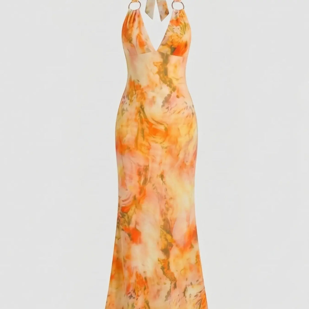 Women's Chic Gradient Print Halter Deep V Slim Fit Mermaid Long Dress, Sleeveless Backless Party Dress, Beach Vacation Style, Backless Sleeveless Dresses