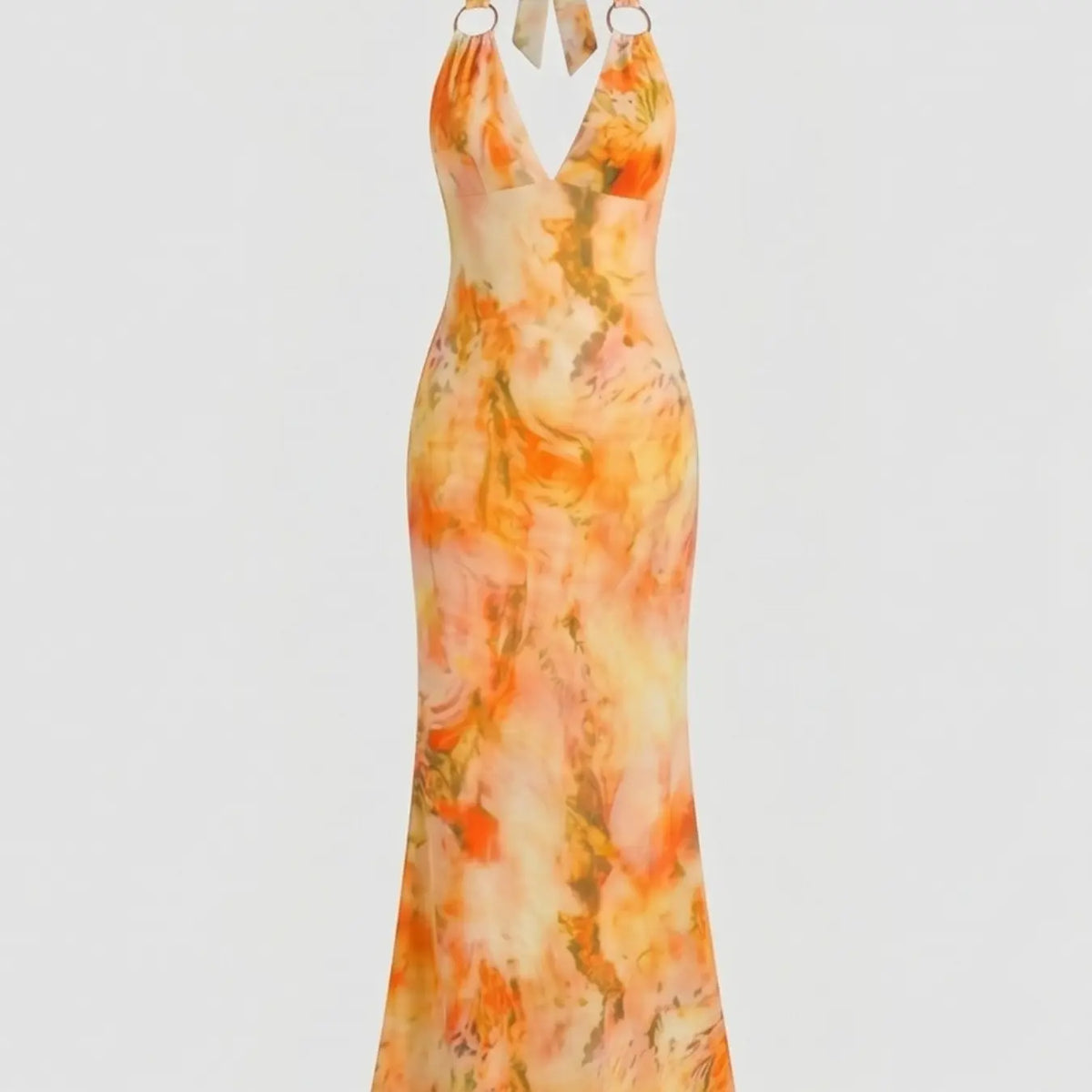 Women's Chic Gradient Print Halter Deep V Slim Fit Mermaid Long Dress, Sleeveless Backless Party Dress, Beach Vacation Style, Backless Sleeveless Dresses