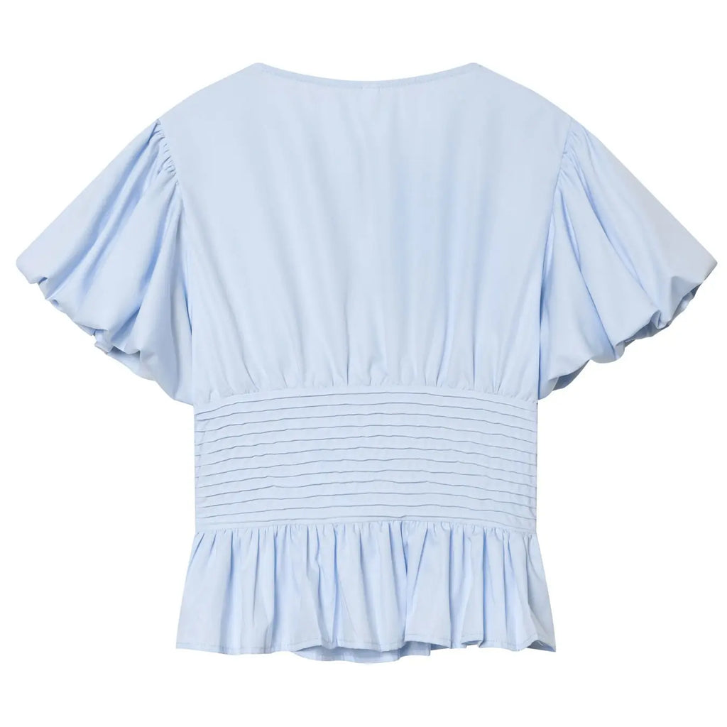 Women's Light Blue Puff Sleeve Peplum Blouse, Front Button Detail, Pleated Chest, Elastic Waist, Ruffled Hem, Soft Breathable Fabric, Coquette Aesthetic, Casual Elegant Ruffle, Slim Fit for Casual Daily Wear and Office, Casual Shirts, Button Closure Top