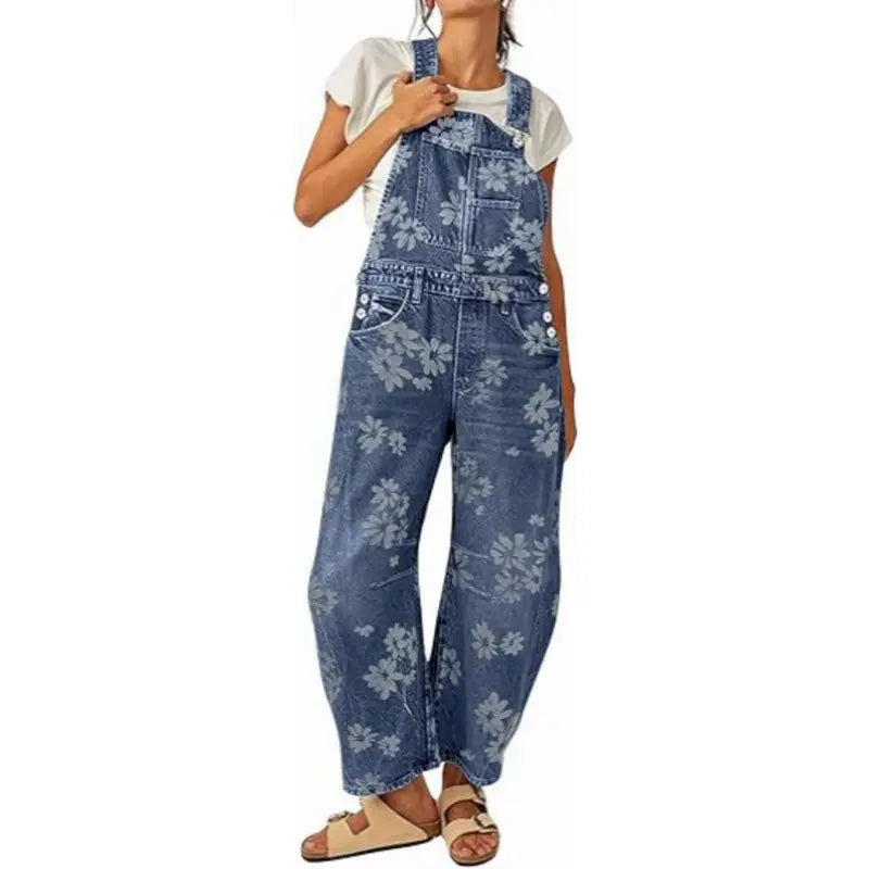 UTCOCO Women's Printed Floral Patchwork Vintage Denim Overalls - Baggy Barrel Leg, Boyfriend Style, Zipper Detail, Party-Ready Wide Leg Outwear Piece