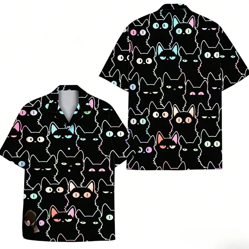 Men's Unisex Holographic Neon Outline Black Cat Print Hawaiian Shirt - Black Base, Short Sleeve Camp Collar, Soft Fabric, Relaxed Cut, Button Closure, Crew Neck, Flat Aloha Top for Pet Lovers' Summer Beach Holidays