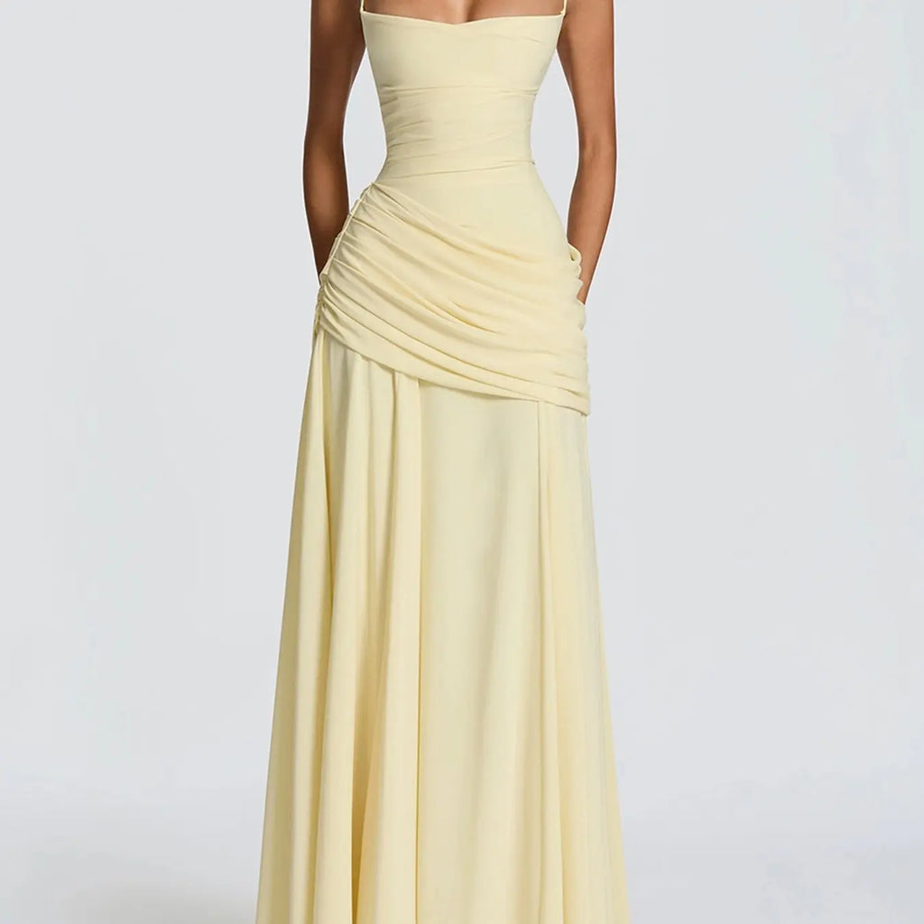 DOUCIU Spring Summer Thin Plain Semi-Transparent Long Dress Gowns, Elegant Pleated Chiffon A-Line Dress, Cross Back Maid Dress, Wedding Guest Evening Party Formal Dress, A Line Dresses
