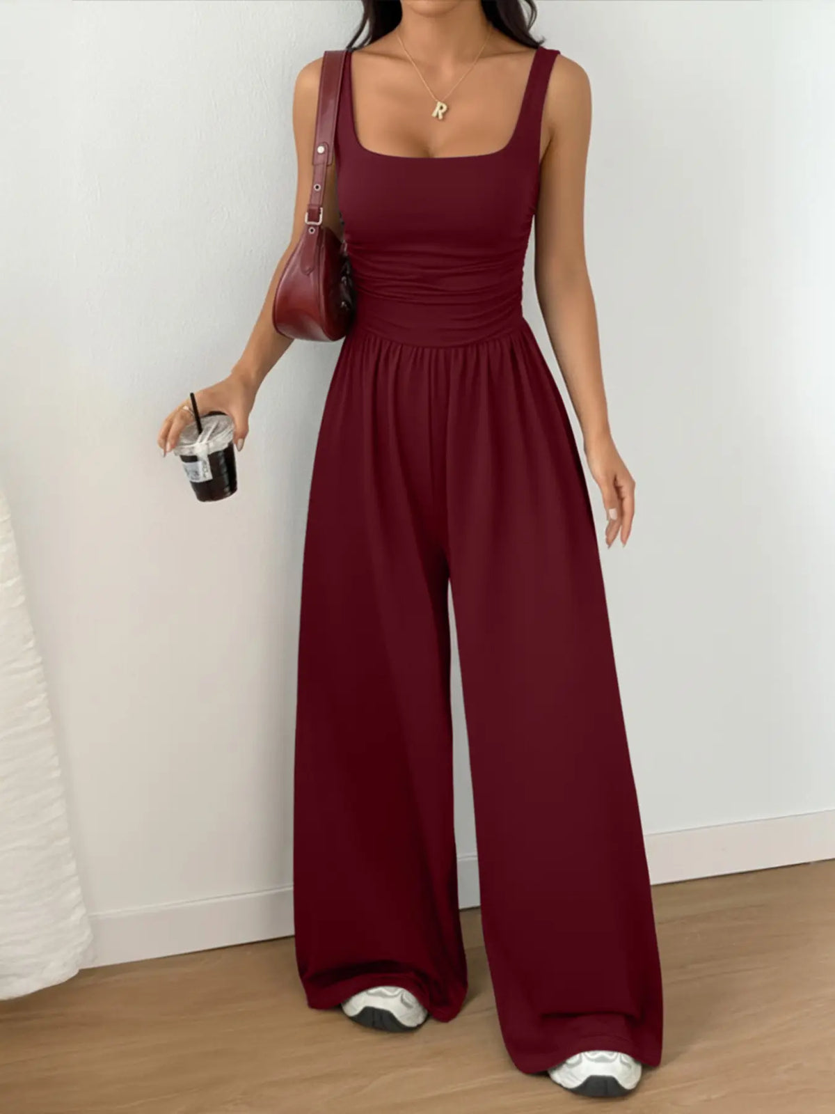Women's Casual Fit Knitted Solid Square-Neck Jumpsuit, Basic, Fashionable, Comfortable and Versatile Wide-Leg Jumpsuit, Everyday Womenswear, Fit Jumpsuits