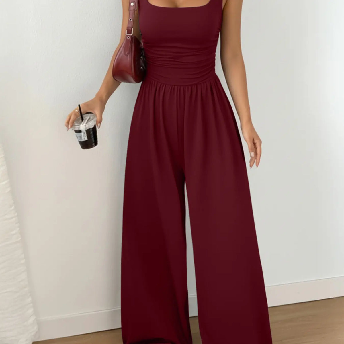 Women's Casual Fit Knitted Solid Square-Neck Jumpsuit, Basic, Fashionable, Comfortable and Versatile Wide-Leg Jumpsuit, Everyday Womenswear, Fit Jumpsuits