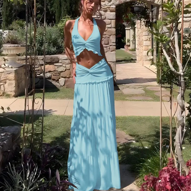Backless Crop Top & Ruched Skirt Two Pieces Set Women's 2026 Summer & Fall New Clothes Sleeveless Halter Neck Top & Skirt Ladies Holiday Vacation Beach Lightweight Outfits Solid Color Skirt Suit