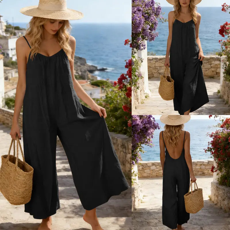 UANEO Women's Backless Jumpsuit Adjustable Spaghetti Strap Wide Leg Loose Vacation Style Romper with Pockets