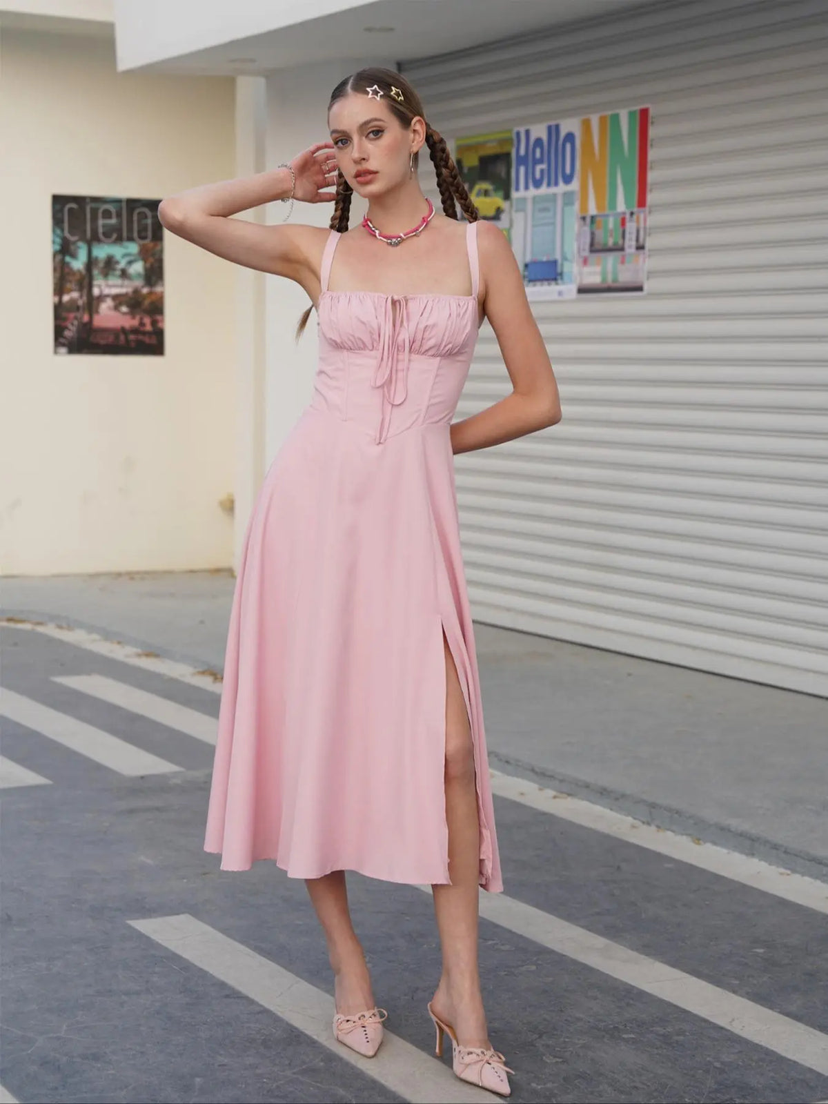 Parthea Women's Plain Ruched Boning Corset Milkmaid Dress, Lace Up Dress, Party Dress, Fit, Tie Front Dress, Aesthetic Square Neck Midi Dress, Dresses for Women, Frenchy Style Non Bodycon Dress Christmas, Formal Dresses, Adjustable Straps, Formal Wear