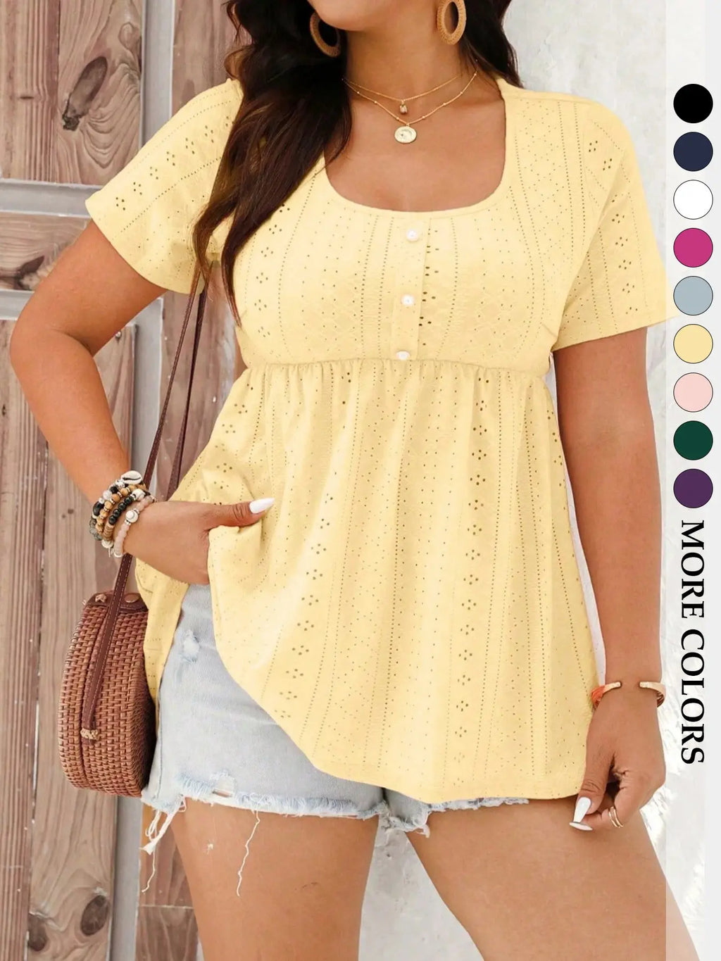 Women's Plus Size Babydoll Eyelet Peplum Top, Shirts, Boho Clothing, Short Sleeve Scoop Neck Pearl Button Casual Chic Bohemian Blouse, Flowy Tummy Control Fit Boho Summer Style