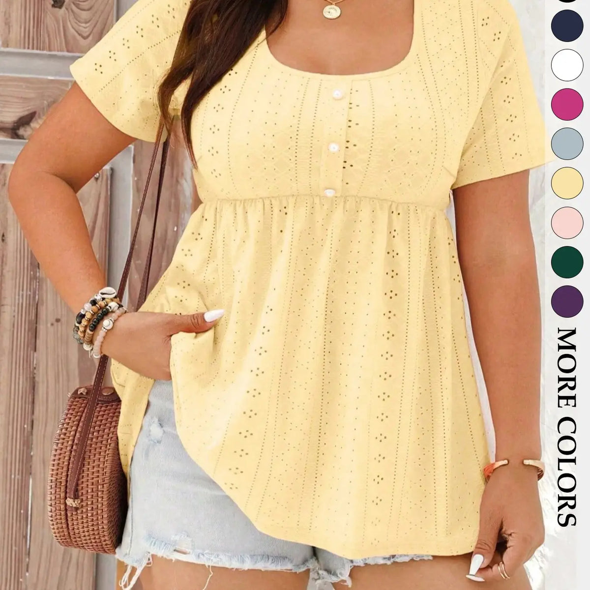 Women's Plus Size Babydoll Eyelet Peplum Top, Shirts, Boho Clothing, Short Sleeve Scoop Neck Pearl Button Casual Chic Bohemian Blouse, Flowy Tummy Control Fit Boho Summer Style
