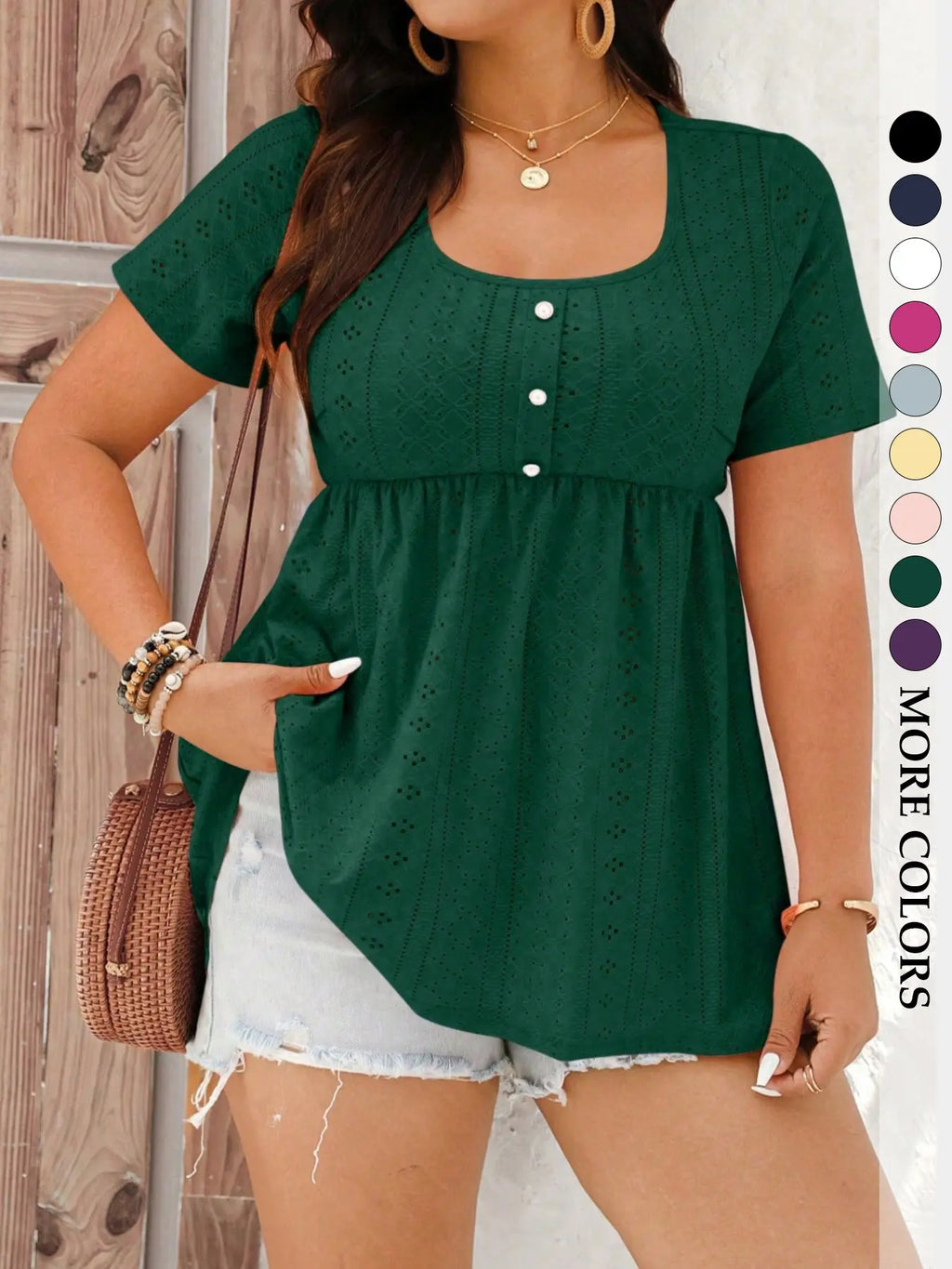 Women's Plus Size Babydoll Eyelet Peplum Top, Shirts, Boho Clothing, Short Sleeve Scoop Neck Pearl Button Casual Chic Bohemian Blouse, Flowy Tummy Control Fit Boho Summer Style