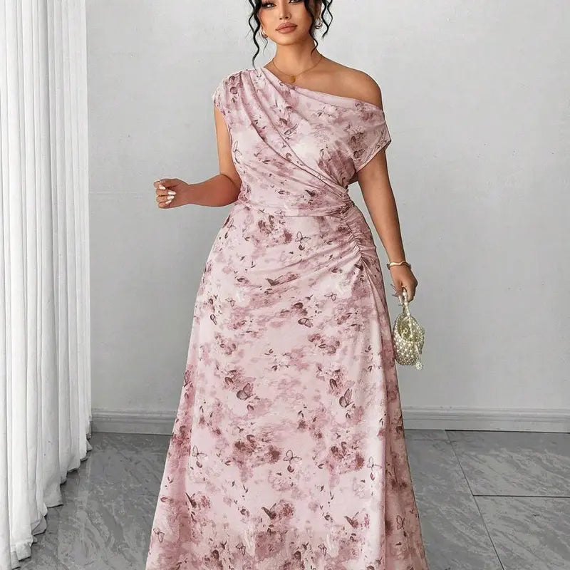 ZENIE Plus Size Elegant Date Night Off Shoulder Cinched Waist Floral A Line Maxi Dress Party Outfit