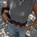 American-Style Striped Lace Sleeveless Top, Classic Retro Design, Casual Everyday Wear, Womenswear