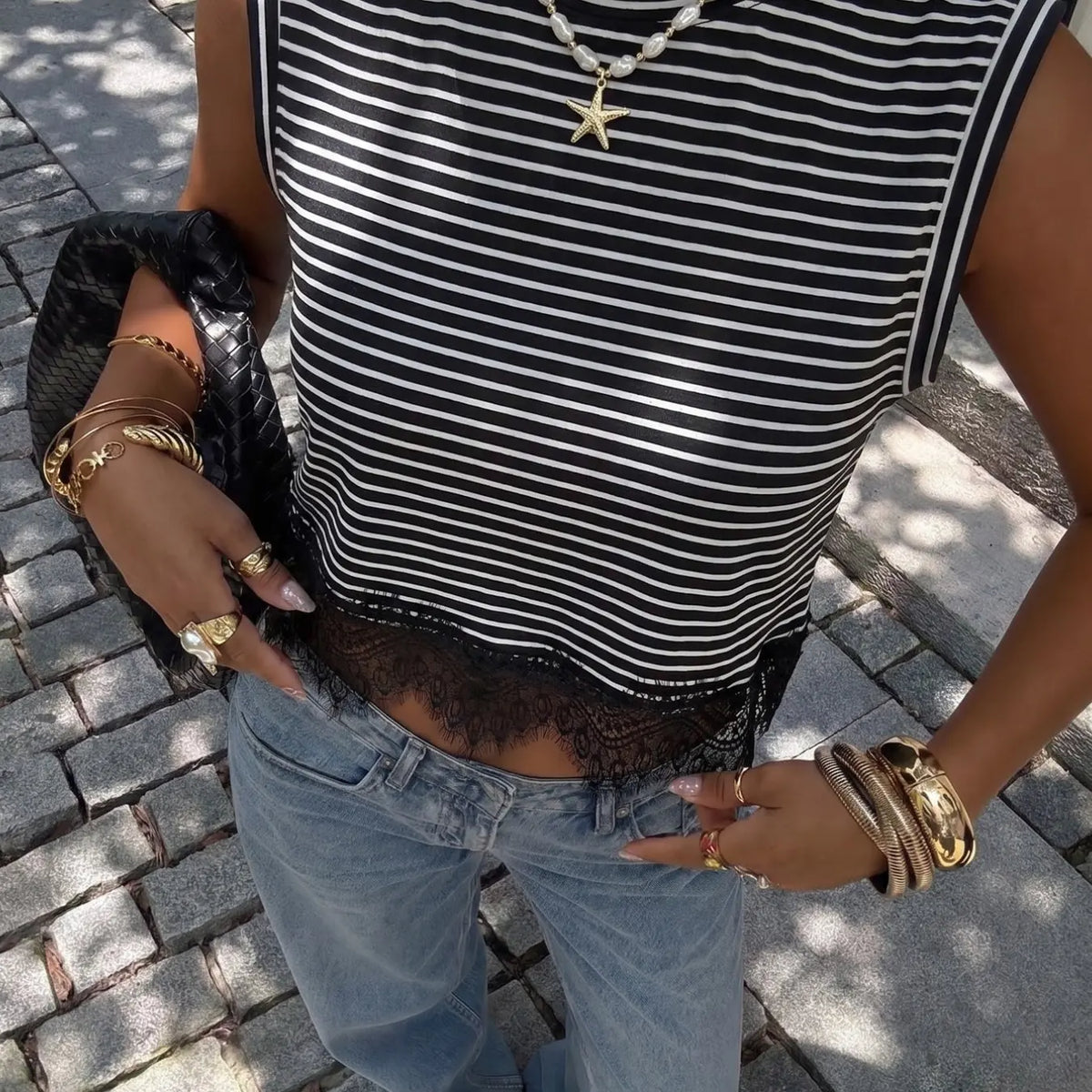 American-Style Striped Lace Sleeveless Top, Classic Retro Design, Casual Everyday Wear, Womenswear