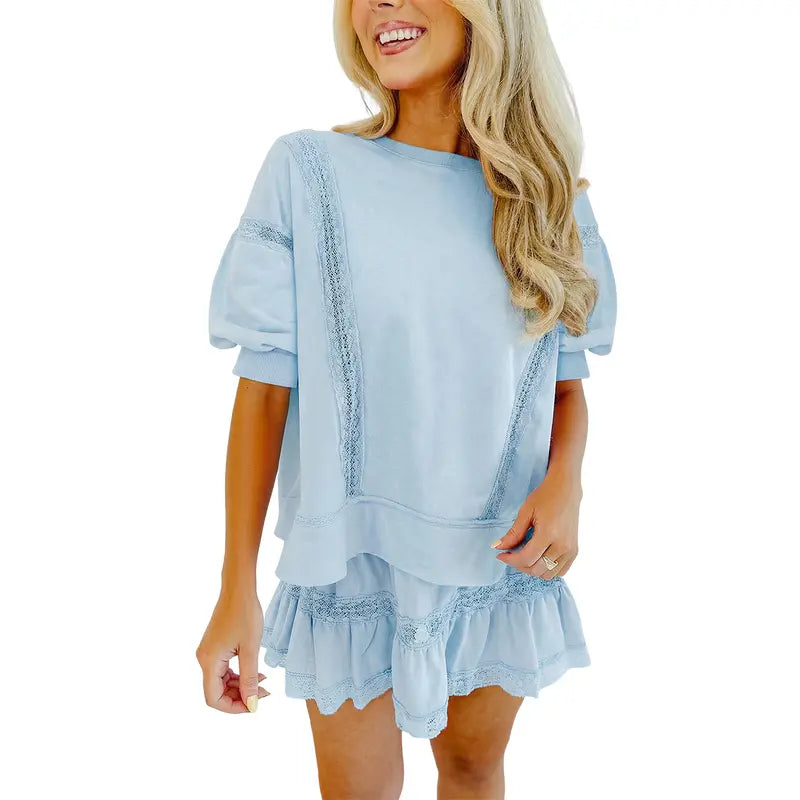 Fisoew Women's Cotton Lace Trim 2-Piece Set - Short Puff Sleeve Top & Ruffled Shorts, Trending Casual Matching Set for Summer Vacation Beach Lounging, Soft Ready-to-Wear Lacy Outfit SohoChic