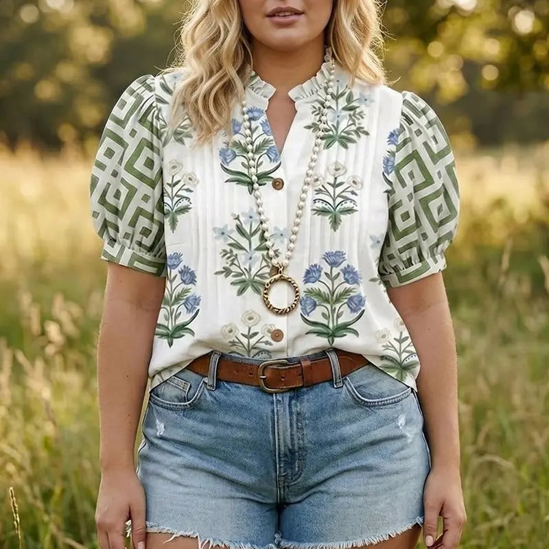 Cherrybetty 100% Cotton Mixed Floral Print Ruffle Neck Puff Sleeve Top Spring Fashion Tiktok Shop Spring Glow Up Summer Blouse Outfit Inspo Going Out Tops
