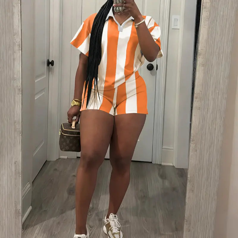 USBOUTIQUE CHIC Women's 2026 Spring Two Piece Set Striped Short Sleeve Top & Drawstring Shorts Casual Outfit for Comfort