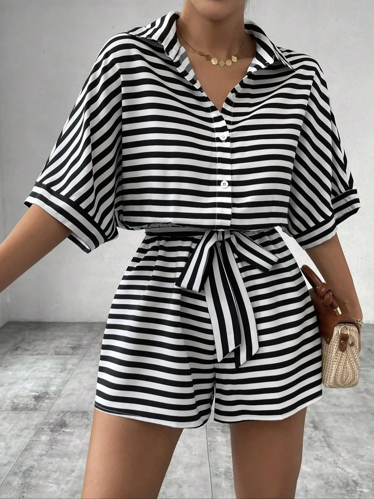 Women's Striped Soft and Breathable Casual Loose-Fit Belted Romper for Summer, Beach and Daily Wear, Womenswear