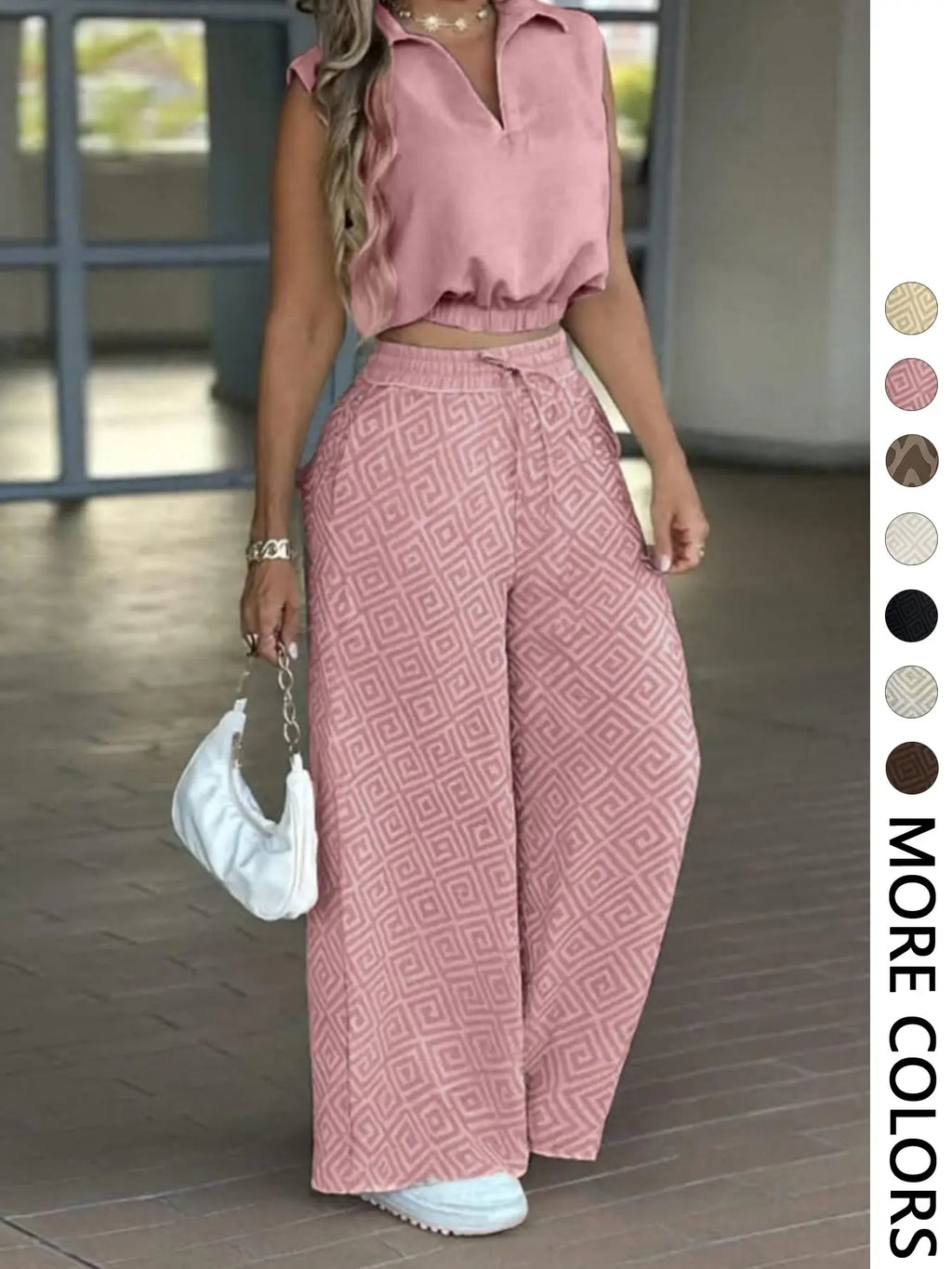 2-Piece Women's Casual Commuter Clothes Set, Two Pieces Outfits, Sleeveless Collared Waist-Defined Top with High-Waisted Adjustable Drawstring Wide-Leg Pants