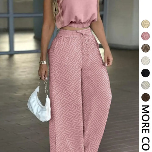 2-Piece Women's Casual Commuter Clothes Set, Two Pieces Outfits, Sleeveless Collared Waist-Defined Top with High-Waisted Adjustable Drawstring Wide-Leg Pants