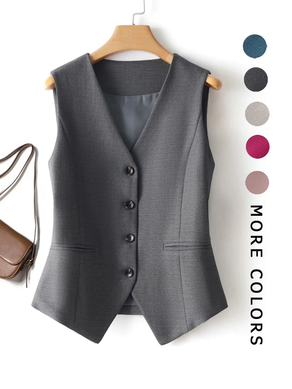 Women's V-Neck Button Gilet, Button Front Vest, Short Elegant Vest for Spring & Fall, Casual Plain Surface Outerwear, Fashionable Slim Fit Top