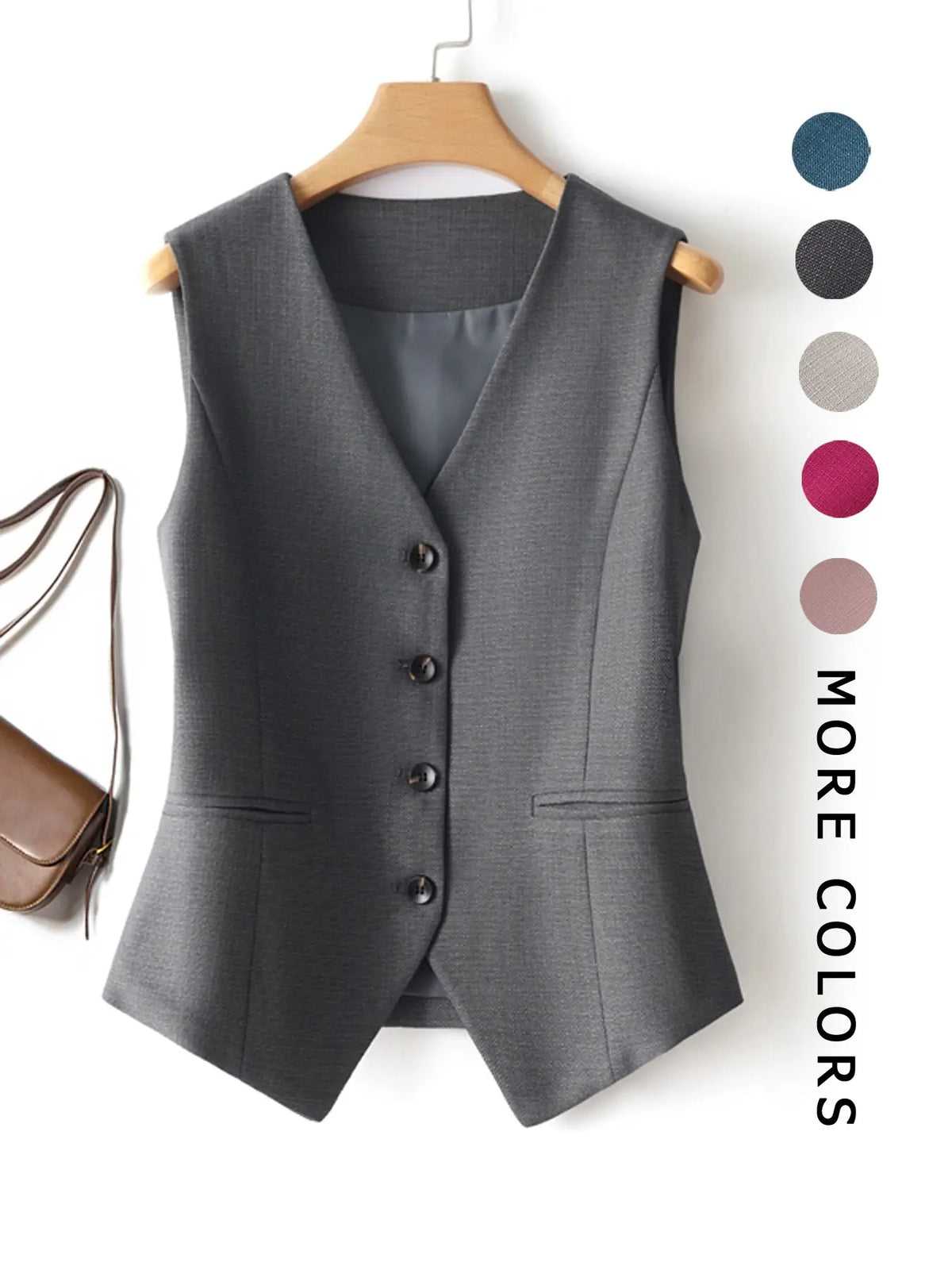 Women's V-Neck Button Gilet, Button Front Vest, Short Elegant Vest for Spring & Fall, Casual Plain Surface Outerwear, Fashionable Slim Fit Top