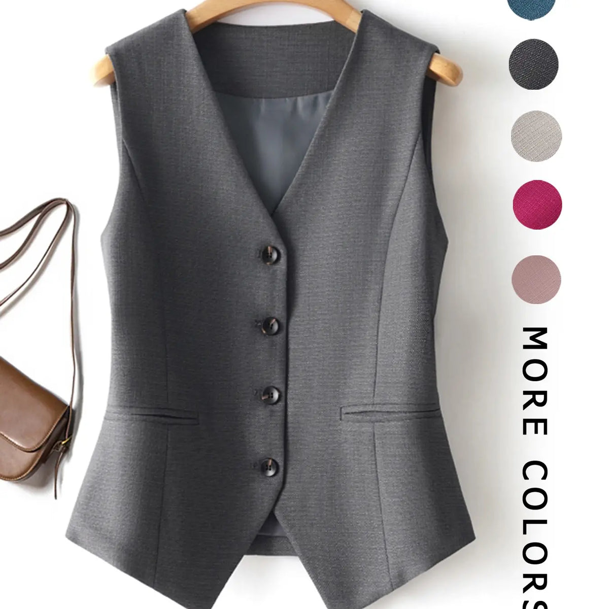 Women's V-Neck Button Gilet, Button Front Vest, Short Elegant Vest for Spring & Fall, Casual Plain Surface Outerwear, Fashionable Slim Fit Top