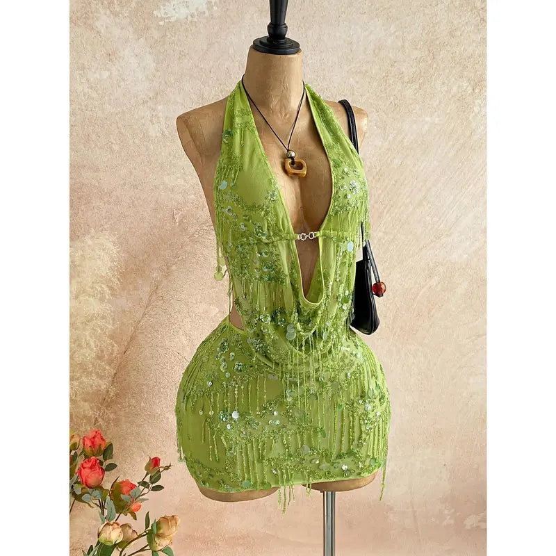 2pcs Fitted Shiny Fringe Sequin Drape Neck Camisole And Mini Skirt Set, Suitable For Music Festivals, Parties