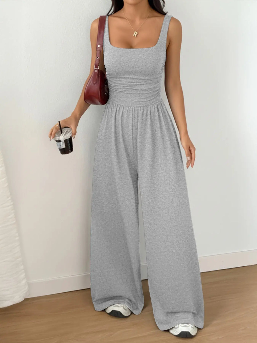 Women's Casual Fit Knitted Solid Square-Neck Jumpsuit, Basic, Fashionable, Comfortable and Versatile Wide-Leg Jumpsuit, Everyday Womenswear, Fit Jumpsuits