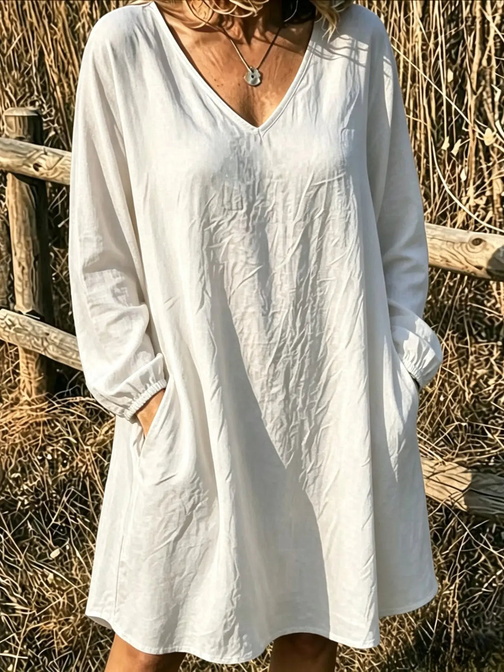Elegant V-Neck Top, Loose Long Sleeve with Large Pockets, Breathable Linen Texture, Casual Summer Shirt for Women, Comfortable and Stylish