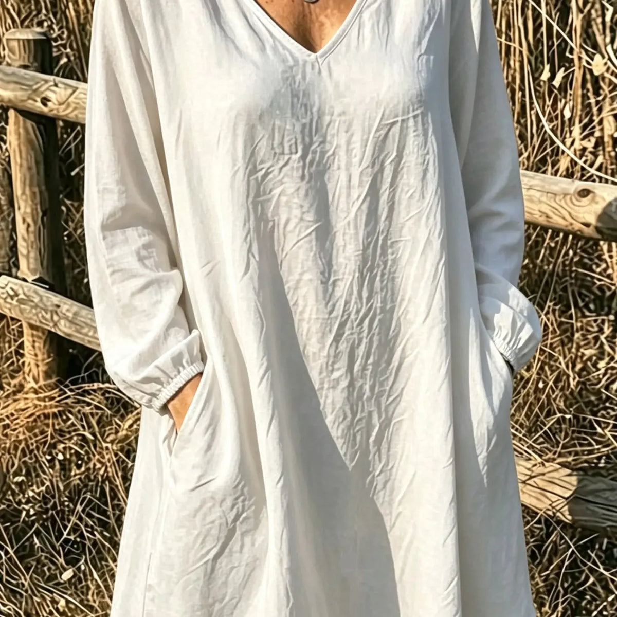 Elegant V-Neck Top, Loose Long Sleeve with Large Pockets, Breathable Linen Texture, Casual Summer Shirt for Women, Comfortable and Stylish