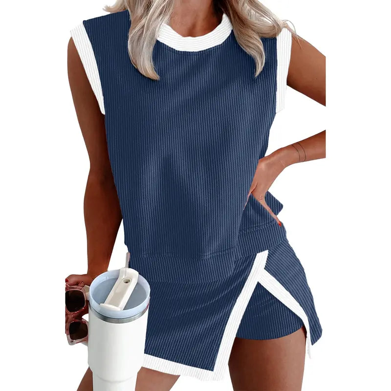 EVALESS Women's 2-Piece Sets Casual Crewneck Ribbed Sleeveless Knit Top & Split Lined Skirt Two Pieces Soft Matching Set Basic Summer Outfits 2026 WOmenswear SummerVibes  Deals For You Days summer outfits High Waisted Style Clothes Elastic Athletic Suits