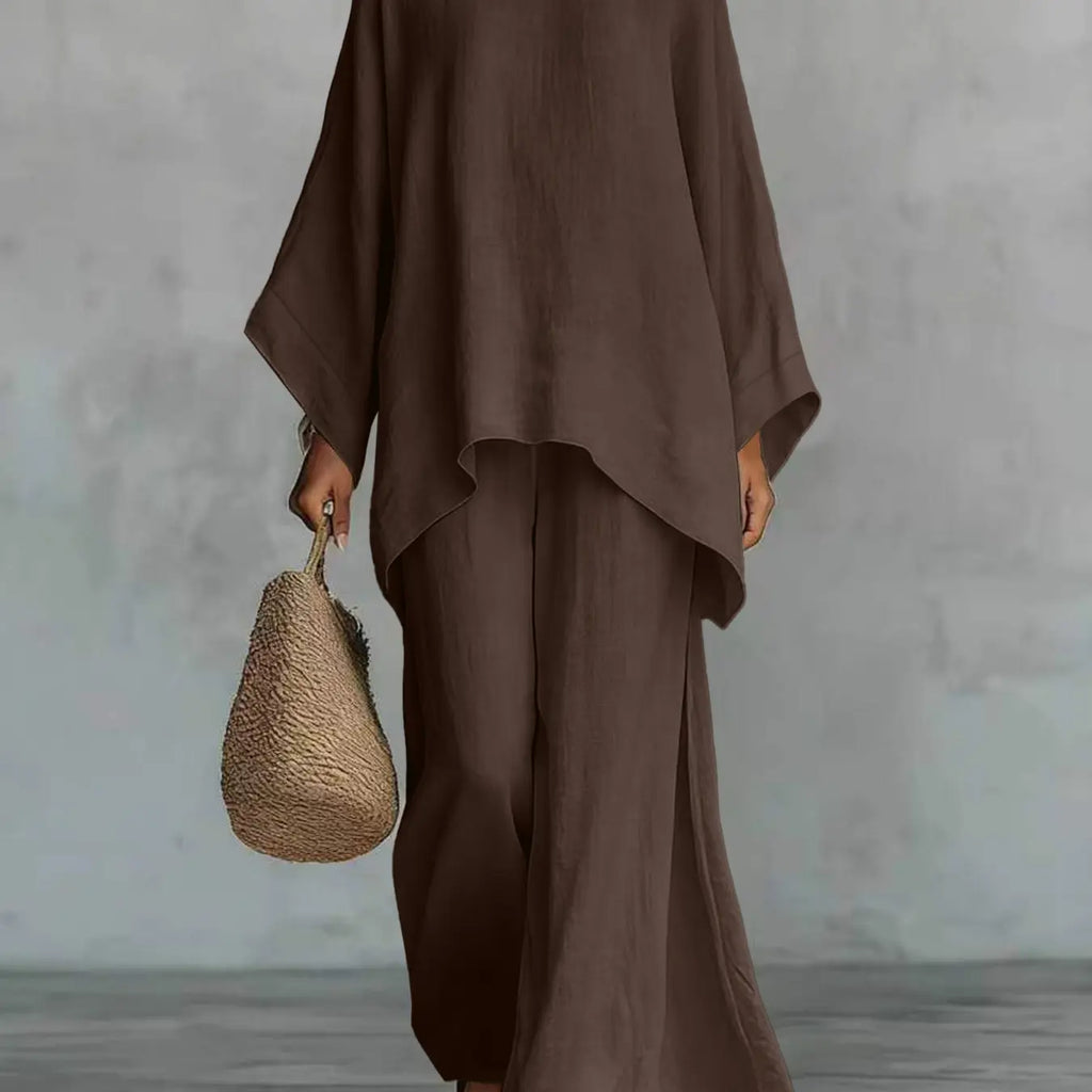 New Women's Simple Solid Loose-Fit Long Sleeve Blouse and Wide-Leg Pants Set, Baggy, Comfortable Casual Outfit, Perfect for Daily Wear, Stylish, Trendy and Elegance Two-Piece Set