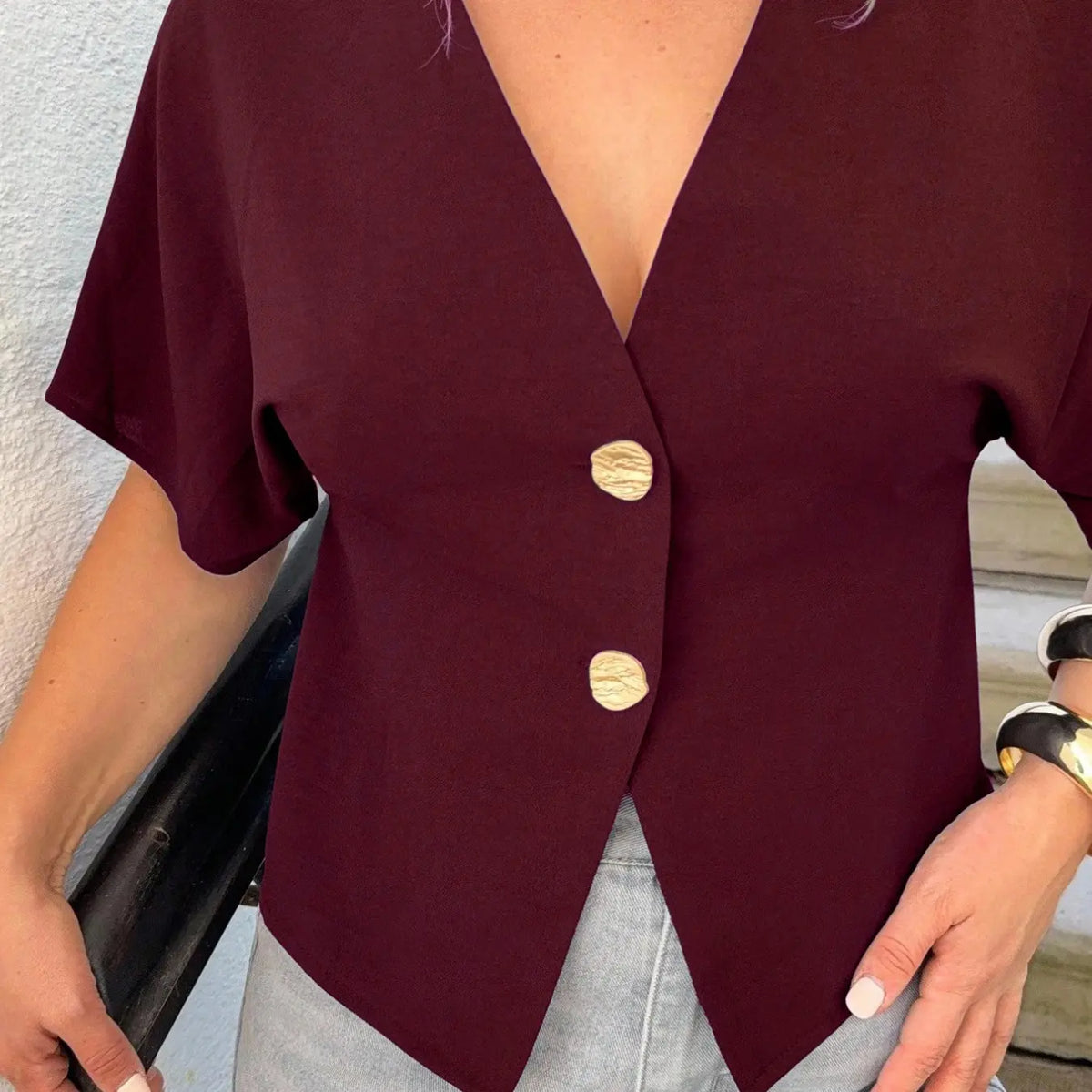 Women's Fitted V Neck Blouse Short Dolman Sleeves Asymmetric Hem Decorative Button Detail Cropped Silhouette Trendy Minimalist Aesthetic Style Perfect for Office Date Night Shirts Ara Top