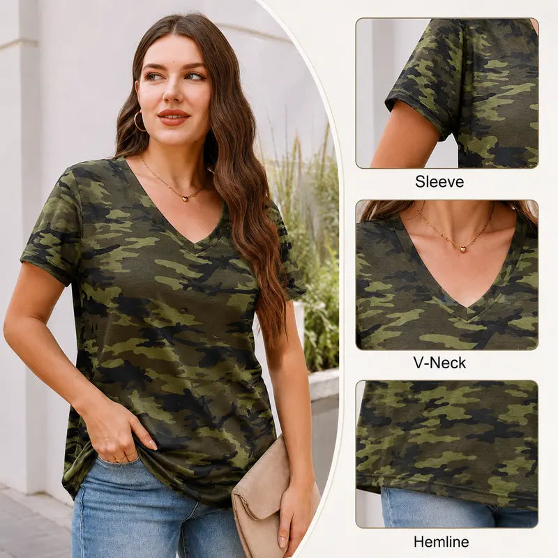 WIHOLL Women's 2026 Summer Basic Trendy Blouses - V-Neck Shortsleeve Lightweight Digital Print 12 Top, Stylish Dressy Casual Vacation Outfit, Women's Clothing